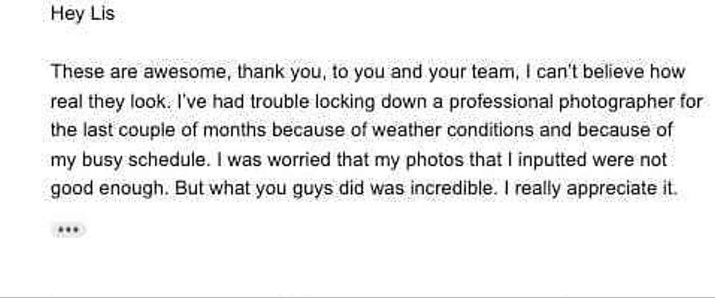 Customer email about struggling to book a photographer around weather and schedule